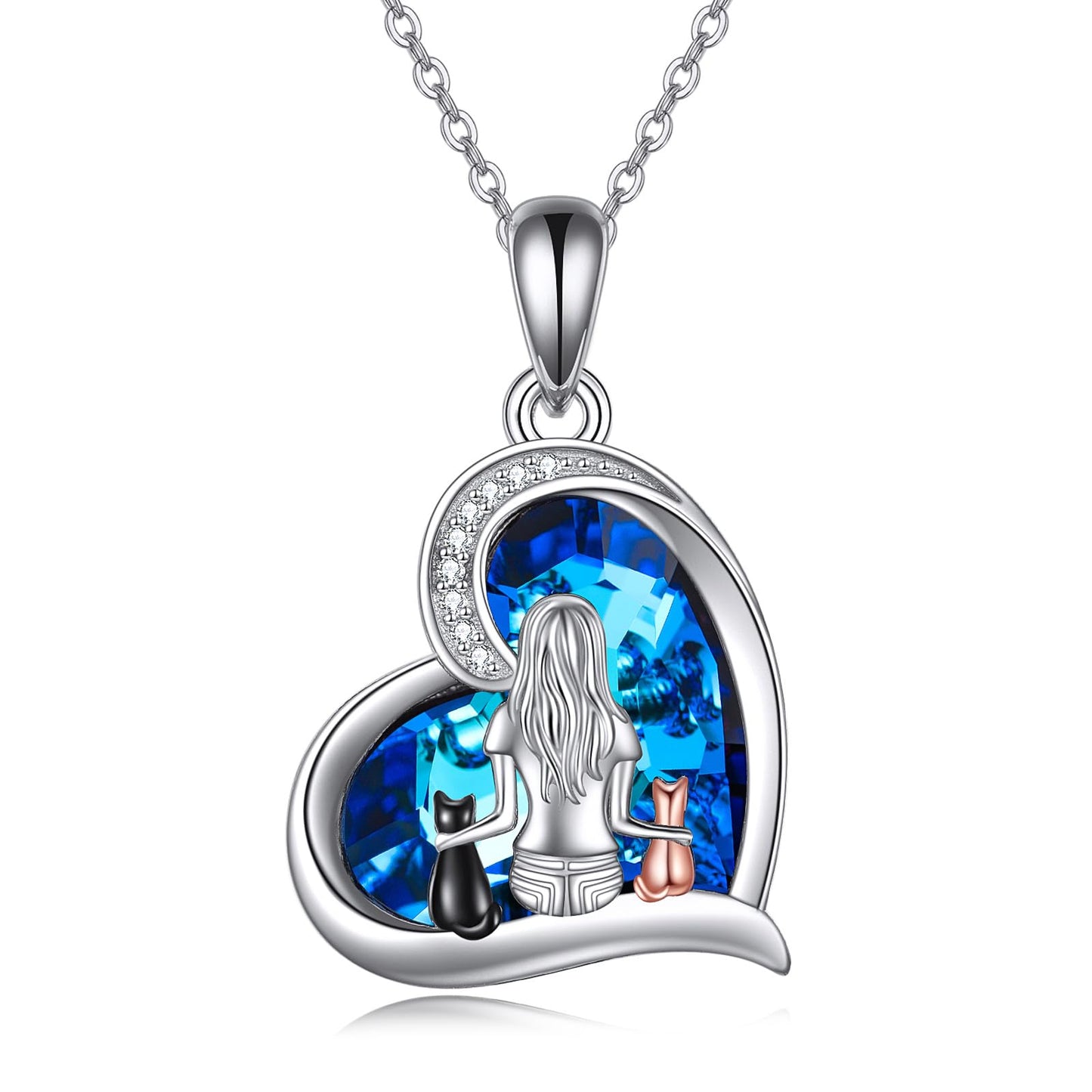 Sterling Silver Heart Cat Pendant Necklace